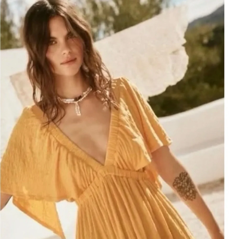 Free People Beach LaLa Maxi Dress Bird of Yellow Boho NWT Small - Picture 7 of 10